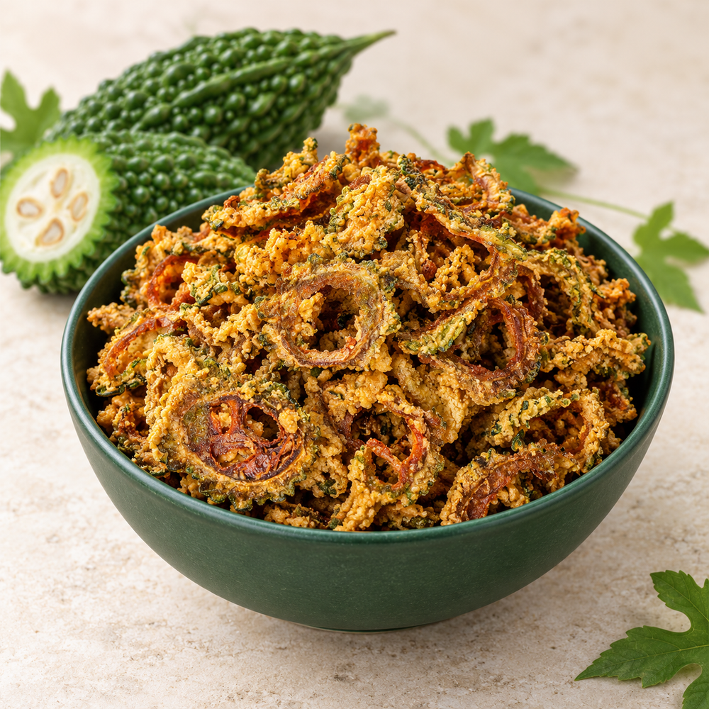 WelNuts crispy fried bitter gourd in a green bowl