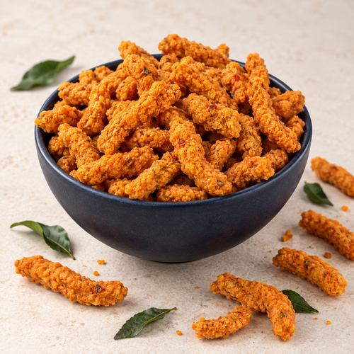 WelNuts Murukku Pakoda in a navy bowl