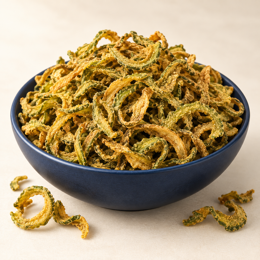 WelNuts Podalanga Petola crispy green-gold slices in a navy bowl