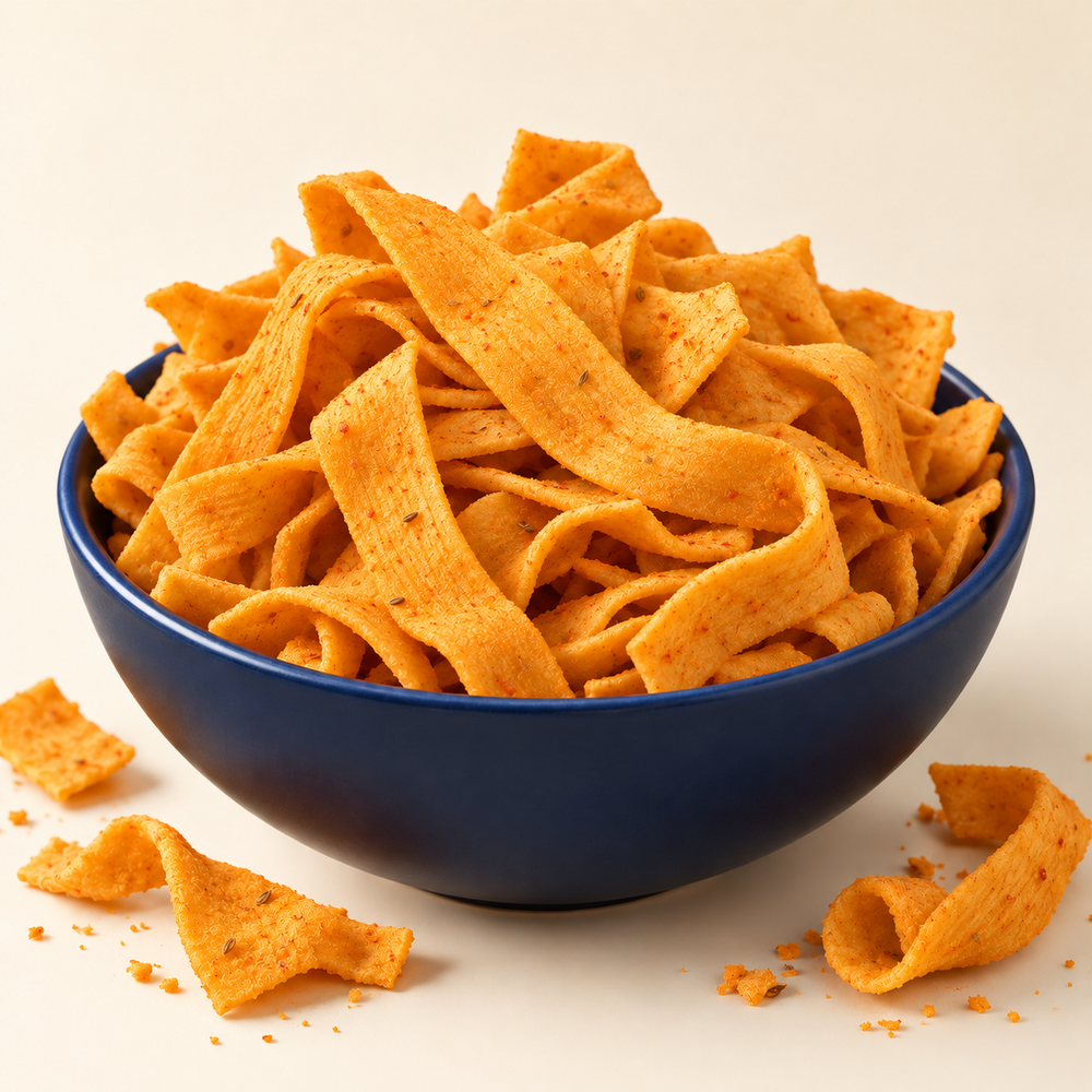 Smooth polished WelNuts Spicy Cheese Muruku ribbon crisps with fine cheese seasoning and chilli specks